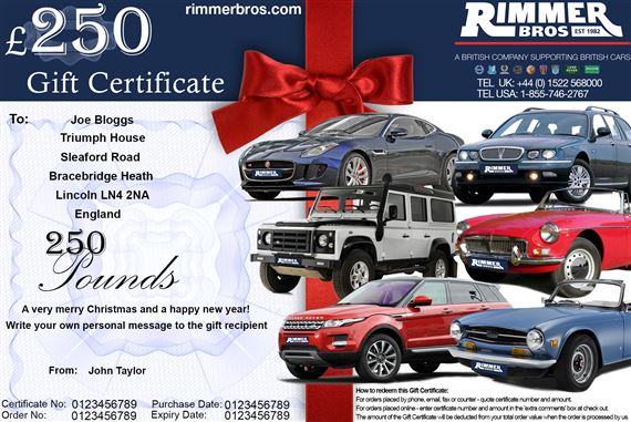 Rimmer Bros £250.00 Gift Certificate - GIFT CERTIFICATE 250