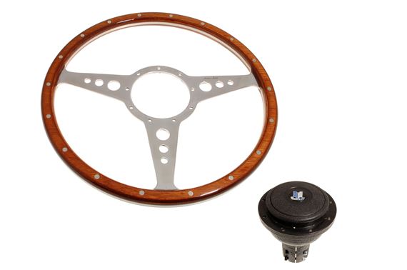 Moto-Lita Steering Wheel & Boss - 15 inch Wood - Adjustable Column - Polished Spokes - Flat - Thick Grip - RW3215TG
