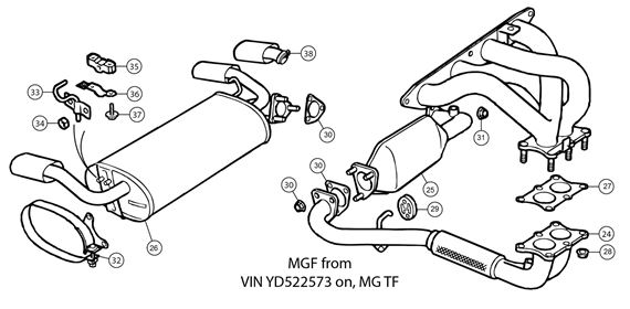 MGF and MG TF Exhaust - Standard System MGF/MG TF 2000 on (YD522573 on) - 6 Stud Downpipe/Elbow on Catalytic Converter
