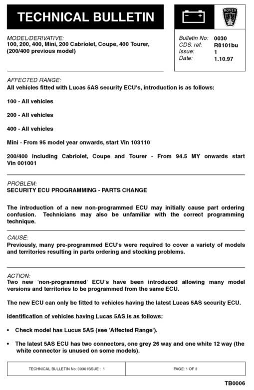 Technical Bulletin 0030 Security ECU