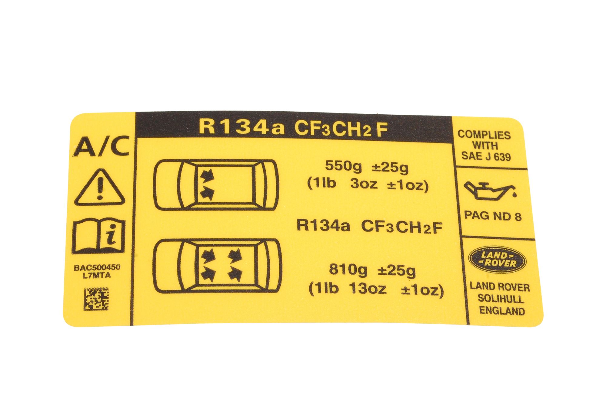Genuine Land Rover Label - Air Conditioning Refrigerant - BAC501600