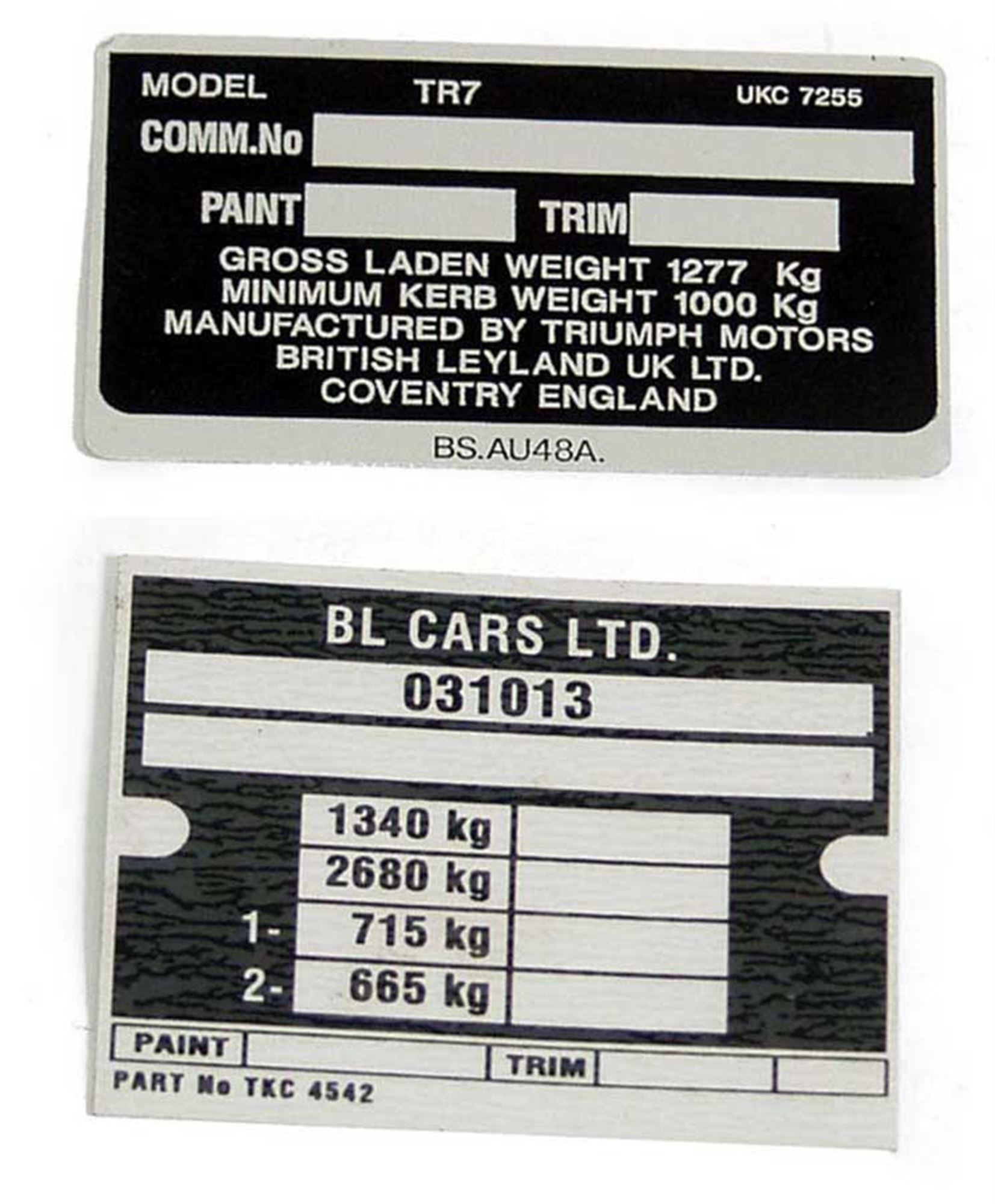 Triumph TR7 Chassis/Vin Number Plate Rimmer Bros