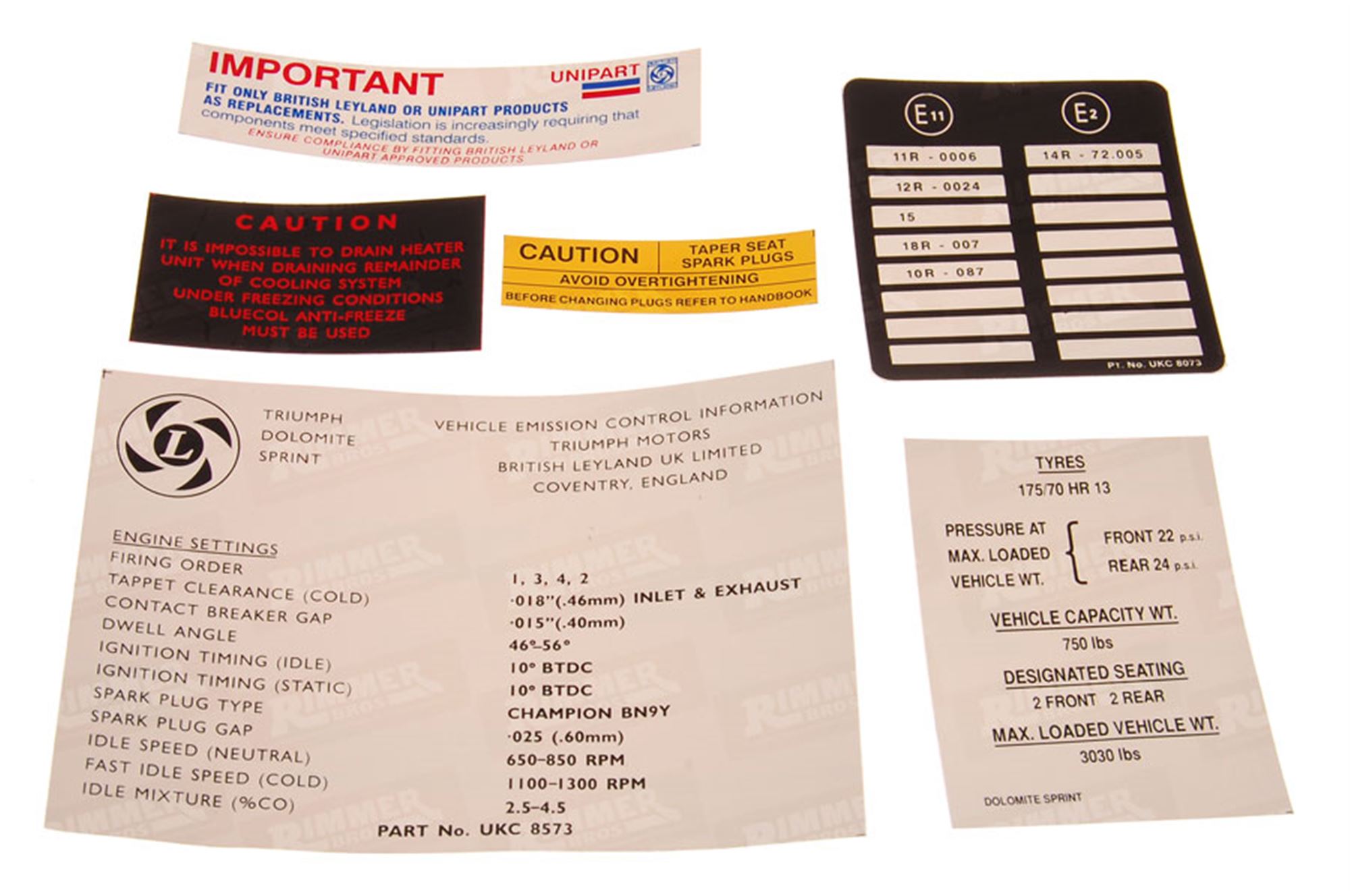 Triumph Dolomite and Sprint Engine Bay Label Kits Rimmer Bros