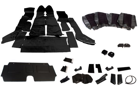 TR7 Complete Interior Trim Kit - Black Vinyl/Tufted - Convertible with Large D Shape Headrests - RB7545