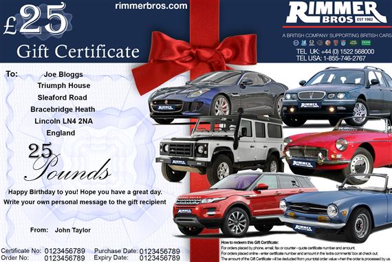 Rimmer Bros £25.00 Gift Certificate - GIFT CERTIFICATE 25