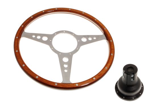 Moto-Lita Steering Wheel & Boss - 14 inch Wood - Adjustable Column - Polished Spokes - Flat - RW3219
