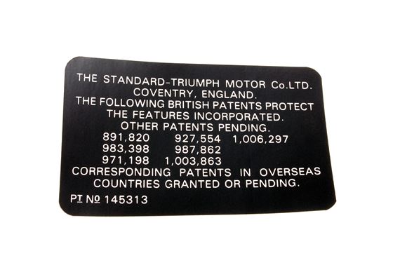 Label - British Patent Information - Underside of Bonnet - 145313