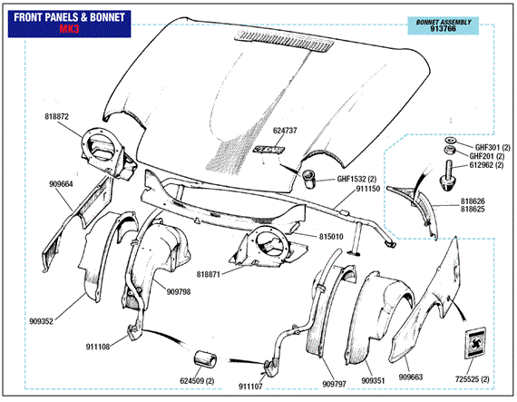 Triumph GT6 Front Panels and Bonnet (Mk3) - Bonnet Wings and Arches