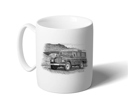 Land Rover Series 3 - Mug - 5 Door LWB Black and White with Reg - LL2046MUG