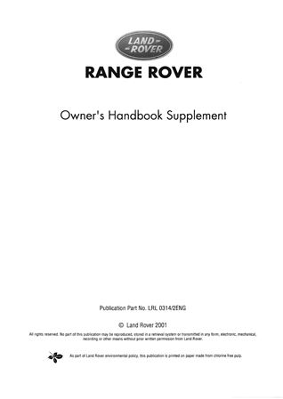 Owners Handbook Supplement - Range Rover P38A - 1994-2001 - LRL03142ENGGR - OTP