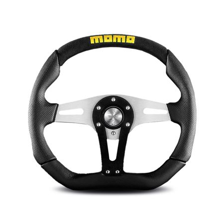 Steering Wheel - Trek Black Air Leather & Silver Spokes 350mm Momo Logo - MOMO2013 - Momo