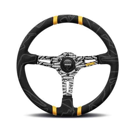 Steering Wheel - Ultra Black Yellow Microfibre Blue Spoke 350mm - MOMO2040 - Momo