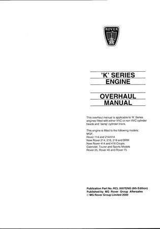 Overhaul Manual - K Series Engine - 1995-2005 - RCL0057ENGGR - OTP