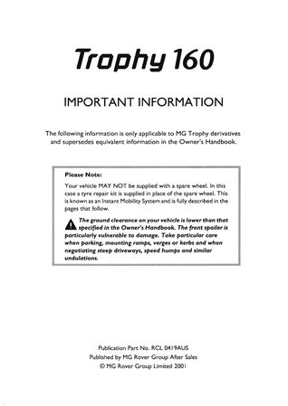 Owners Handbook Supplement - MGF Trophy Aus - 2001 - RCL0419AUSGR - OTP
