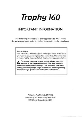 Owners Handbook Supplement - MGF Trophy Edition - 2001 - RCL0419ENGGR - OTP