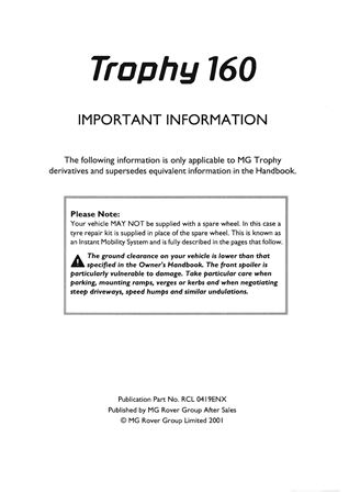Owners Handbook Supplement - MGF Trophy Export - 2001 - RCL0419ENXGR - OTP