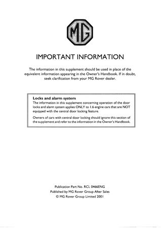 Owners Handbook Supplement - MGF - 1995-2001 - RCL0466ENGGR - OTP