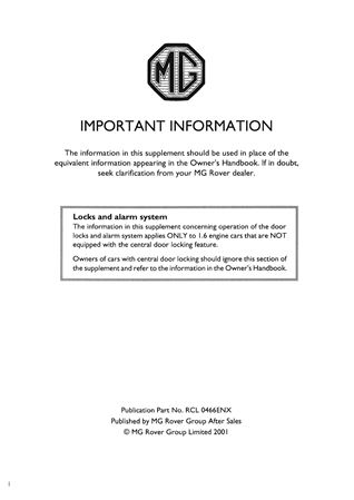 Owners Handbook Supplement - MGF Export - 1995-2001 - RCL0466ENXGR - OTP