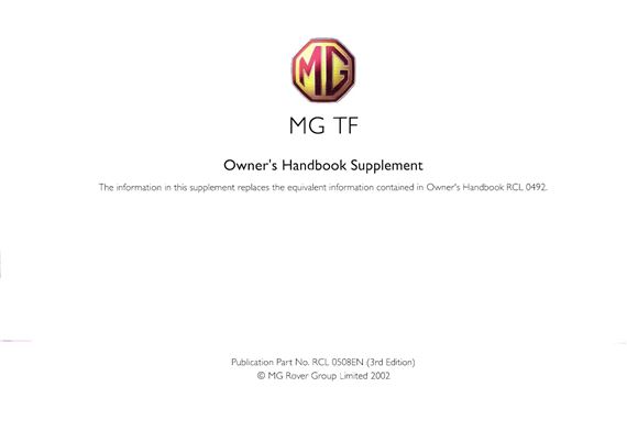Owners Handbook Supplement - MGTF - 2002-2005 - RCL0508ENGR - OTP