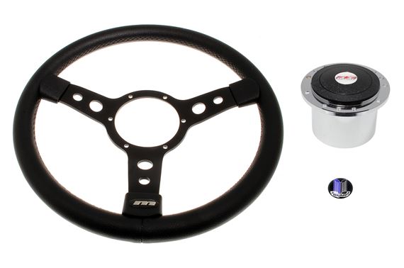 Vinyl 14 inch Steering Wheel with Black Spokes - Chrome Boss - RL1658A - Mountney