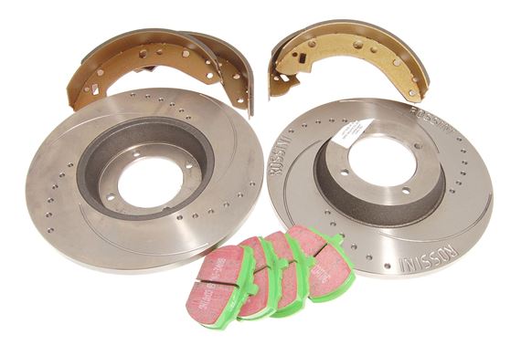 Front and Rear Brake Kit - Rossini Uprated Discs/EBC Green Stuff Pads/Standard Shoes - RS1092UR2