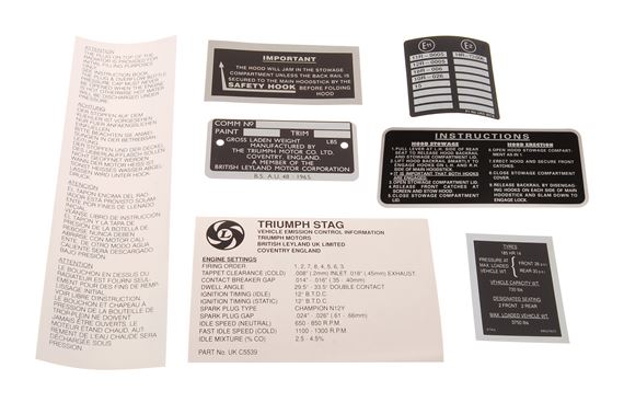 Triumph Stag Information Labels & Commission Plates