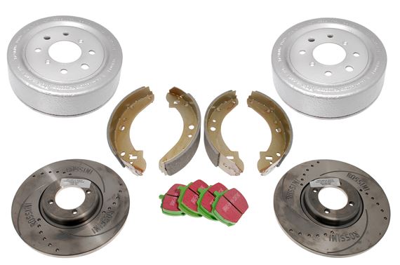 Front and Rear Brake Kit - Rossini Uprated Discs/EBC Green Stuff Pads/Brake Drums/Standard Shoes - RS1791UR
