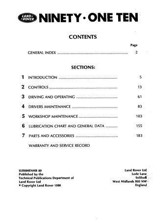 Drivers Handbook - Land Rover 90 110 - 1988-1989 - SLR800ENHB89GR - OTP