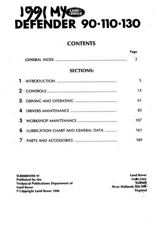 Owners Handbook - Defender 90 110 130 - 1990-1991 - SLR800ENHB91GR - OTP