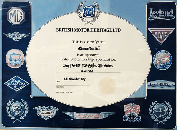 British Motor Heritage Approval Certificate