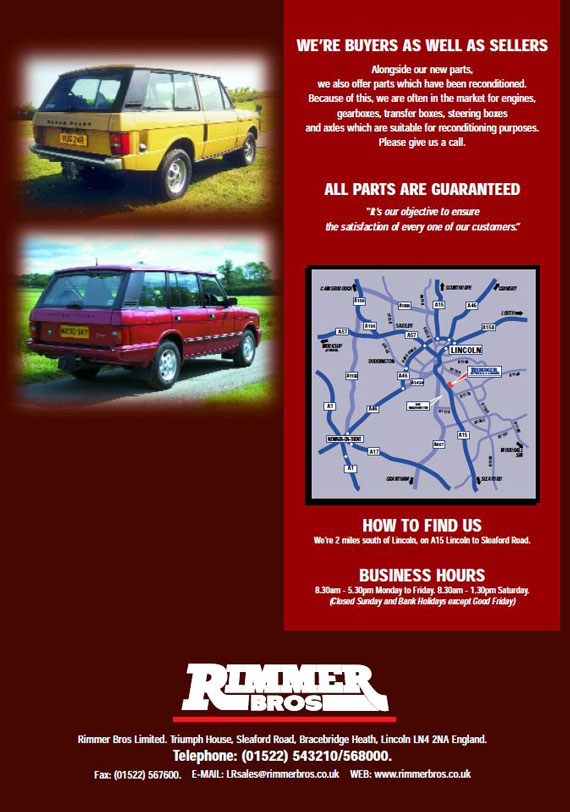 Back Cover of Rimmer Bros' First Range Rover Classic Catalogue