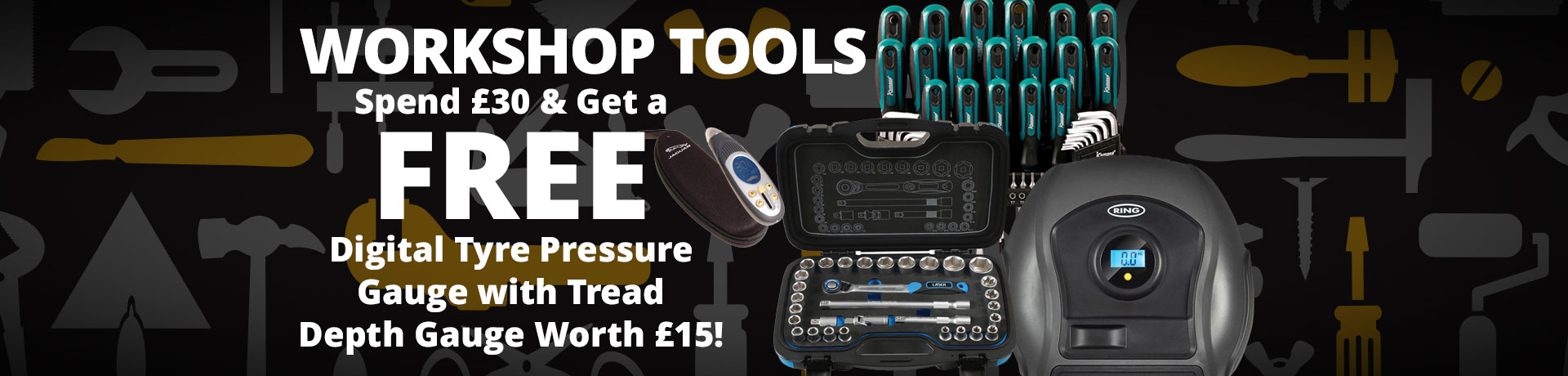 Free Digital Tire Pressure Gauge when you spend 30 or more on tools!